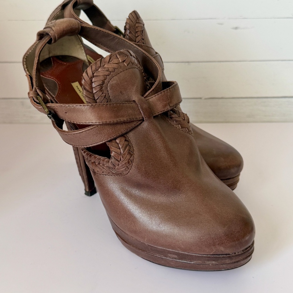 Max Studio Brown Leather Braided Ultra high Heel Ankle Booties Size W8